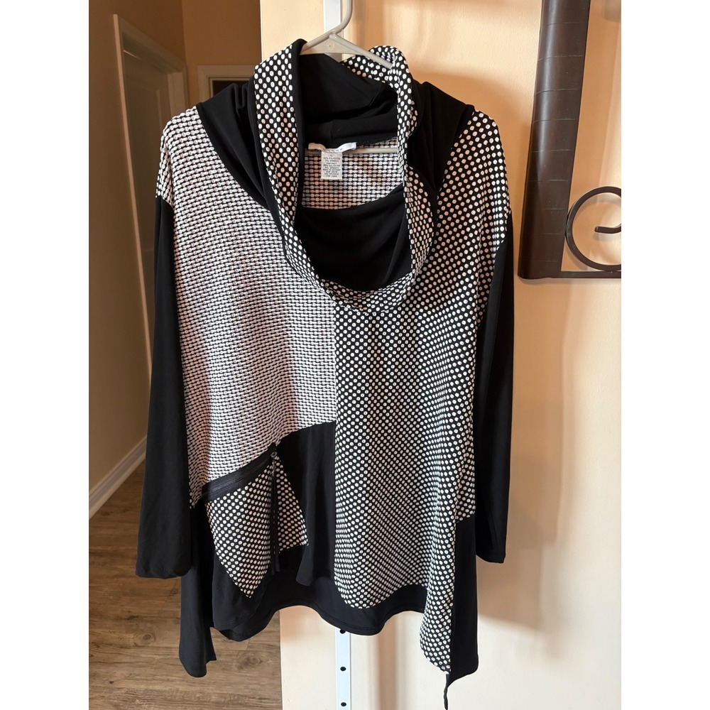 Grace Black White Polka Dot Cowl Neck Tunic Top Mixed Pattern Zipper Detail L